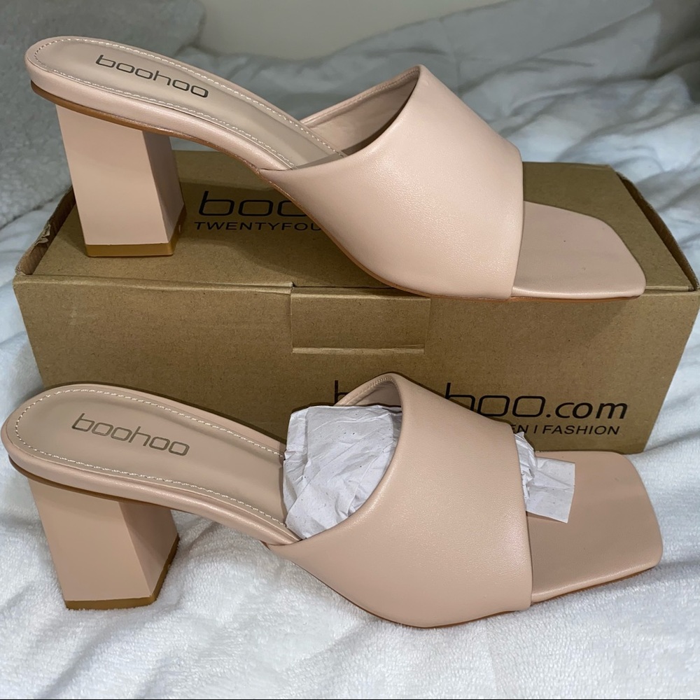 BooHoo Nude Square Toe Block Heel Mules